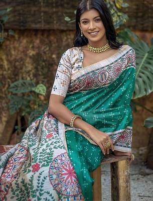 Teal art silk saree 3