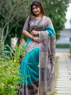 Teal women teal art silk saree 1