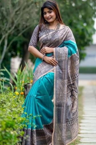 Teal women teal art silk saree
