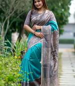 Teal women teal art silk saree