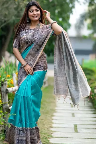Teal women teal art silk saree