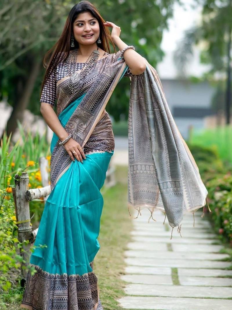 Teal women teal art silk saree