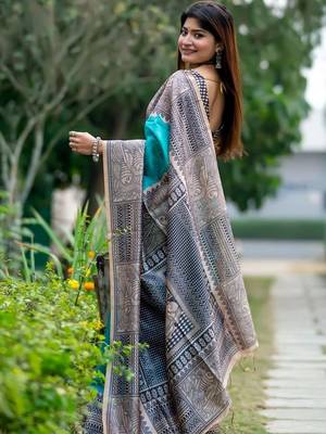 Teal women teal art silk saree 3
