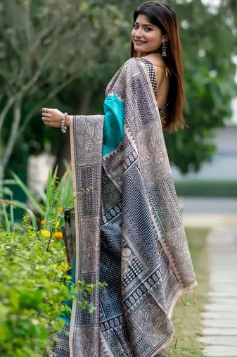 Teal women teal art silk saree