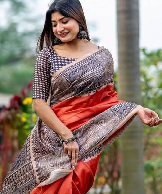 Orange silk saree with blouse 1