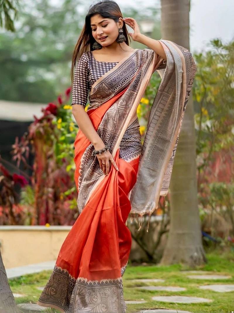Orange silk saree with blouse