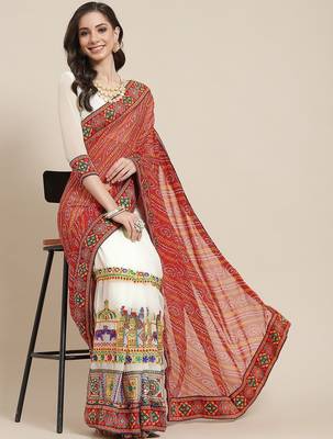 Red kutchi embroidery pure georgette half and half bandhani saree 1