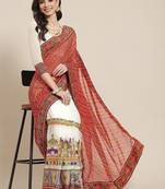 Red kutchi embroidery pure georgette half and half bandhani saree