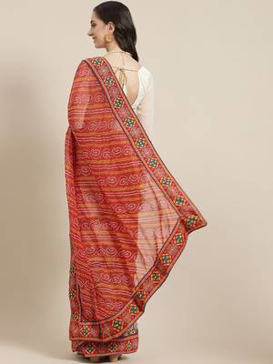 Red kutchi embroidery pure georgette half and half bandhani saree 2