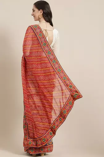 Red kutchi embroidery pure georgette half and half bandhani saree