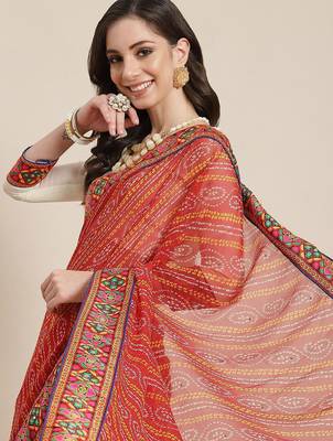 Red kutchi embroidery pure georgette half and half bandhani saree 3