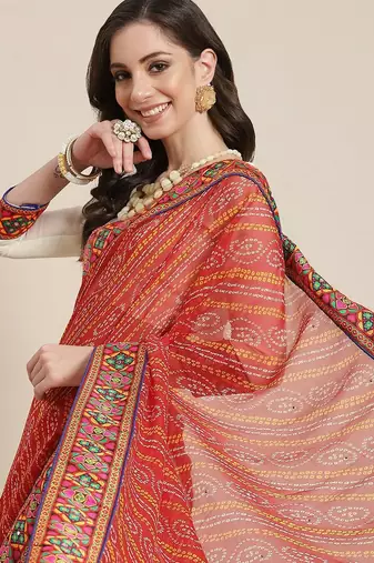 Red kutchi embroidery pure georgette half and half bandhani saree