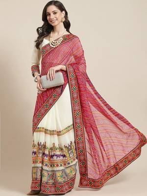 Pink embroidered pure georgette bandhani saree 1