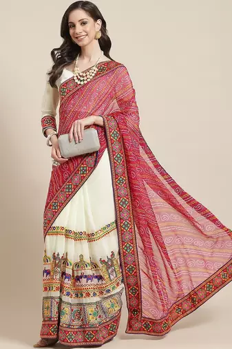 Pink embroidered pure georgette bandhani saree