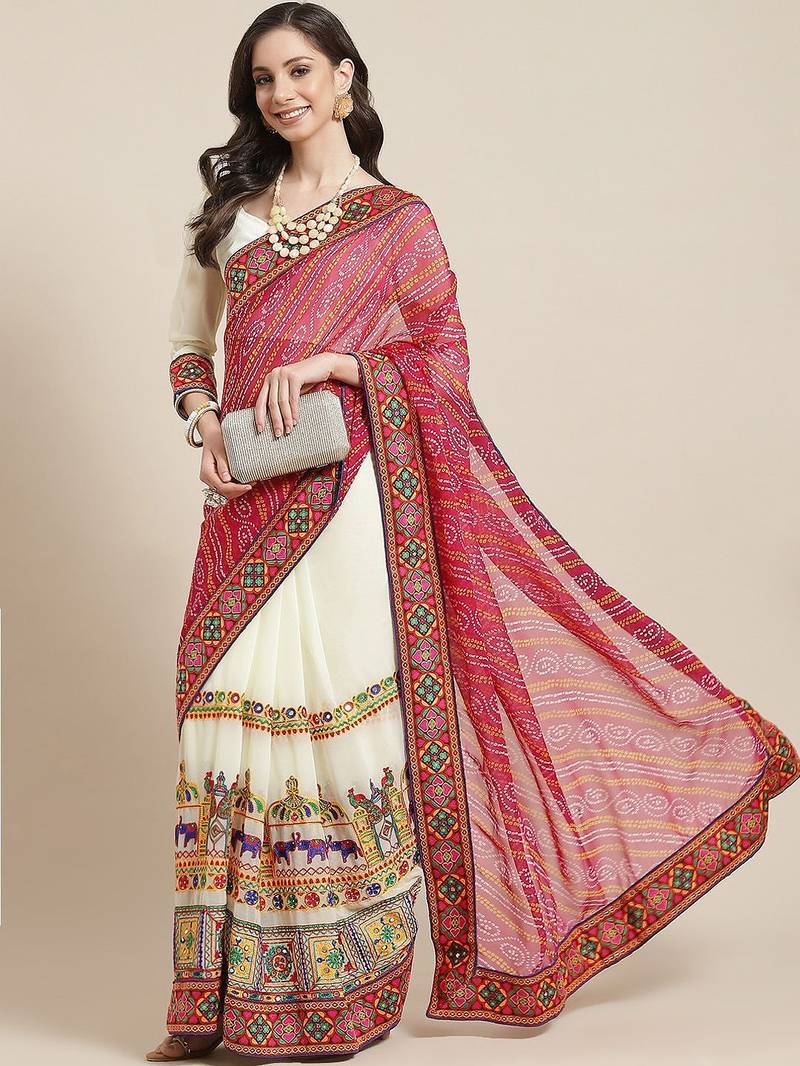 Pink embroidered pure georgette bandhani saree