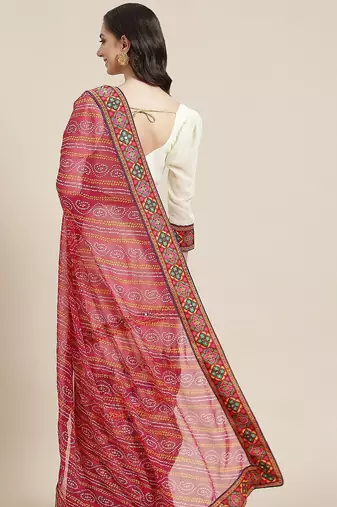 Pink embroidered pure georgette bandhani saree