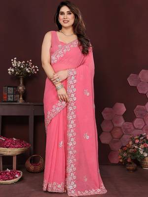 Pink floral embroidered pure chiffon heavy work saree 1