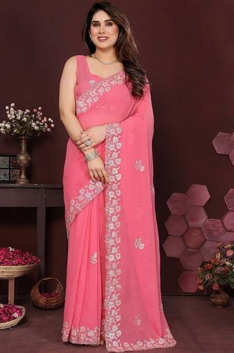 Pink floral embroidered pure chiffon heavy work saree