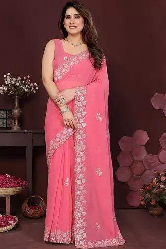 Pink floral embroidered pure chiffon heavy work saree