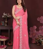 Pink floral embroidered pure chiffon heavy work saree