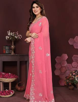 Pink floral embroidered pure chiffon heavy work saree 2