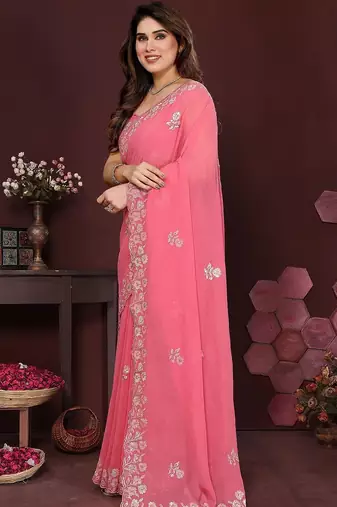 Pink floral embroidered pure chiffon heavy work saree