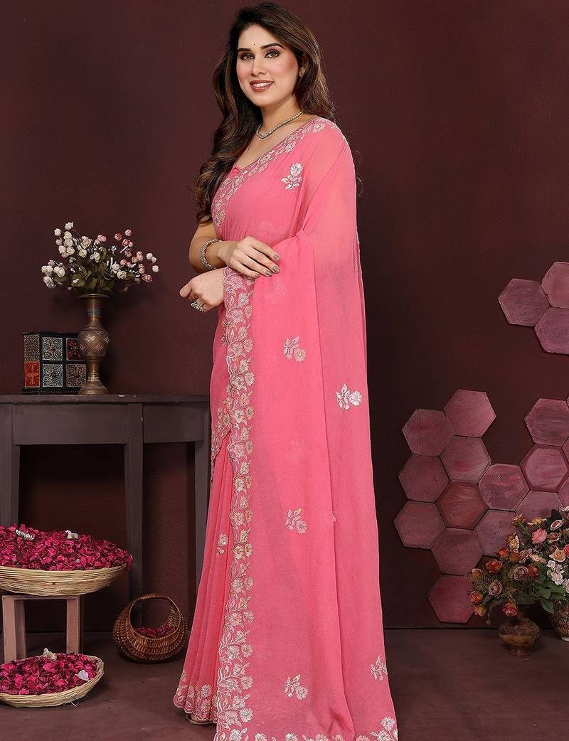 Pink floral embroidered pure chiffon heavy work saree