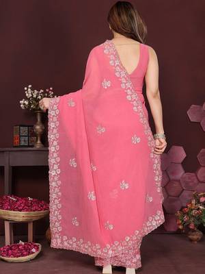 Pink floral embroidered pure chiffon heavy work saree 3