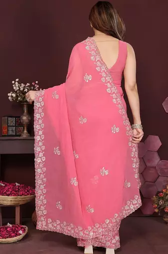Pink floral embroidered pure chiffon heavy work saree
