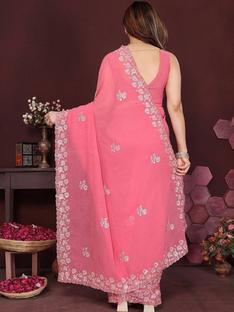 Pink floral embroidered pure chiffon heavy work saree