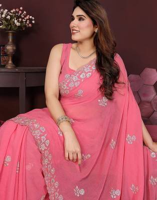 Pink floral embroidered pure chiffon heavy work saree 4