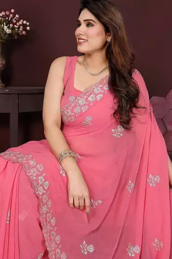 Pink floral embroidered pure chiffon heavy work saree