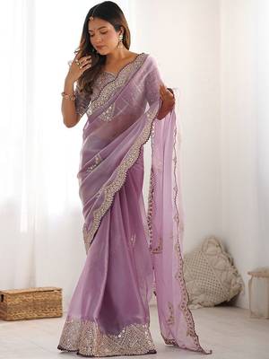 Lavender women embellished sequinned tissue heavy work saree 1