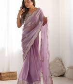Lavender women embellished sequinned tissue heavy work saree