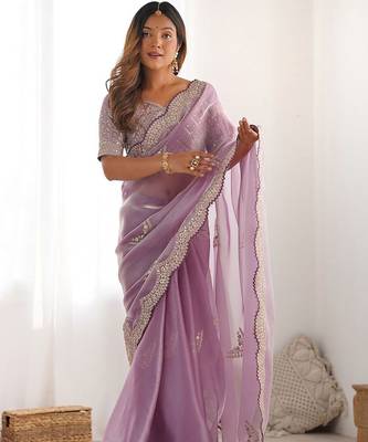 Lavender women embellished sequinned tissue heavy work saree 2