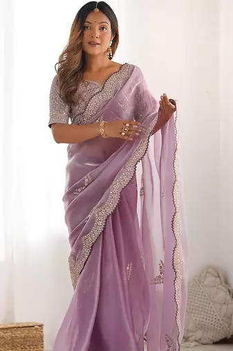 Lavender women embellished sequinned tissue heavy work saree