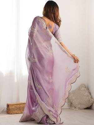 Lavender women embellished sequinned tissue heavy work saree 3