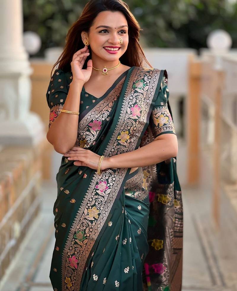 Green woven design zari  banarasi saree