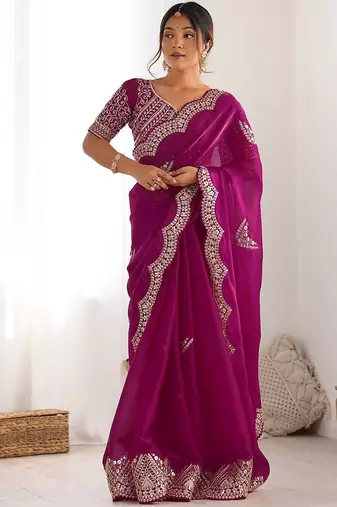 Magenta embellished sequinned tissue saree with blouse piece