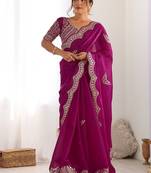 Magenta embellished sequinned tissue saree with blouse piece