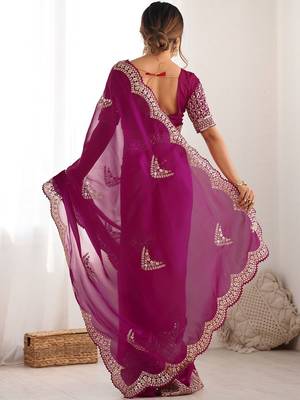 Magenta embellished sequinned tissue saree with blouse piece 2