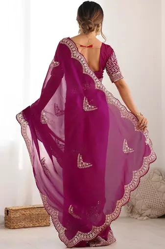 Magenta embellished sequinned tissue saree with blouse piece
