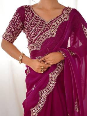Magenta embellished sequinned tissue saree with blouse piece 4