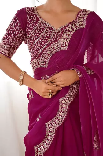 Magenta embellished sequinned tissue saree with blouse piece