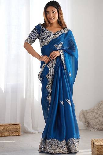 Blue ethnic motifs embroidered sequinned tissue saree with unstiched blouse piece