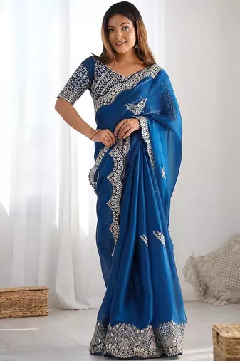Blue ethnic motifs embroidered sequinned tissue saree with unstiched blouse piece