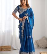 Blue ethnic motifs embroidered sequinned tissue saree with unstiched blouse piece