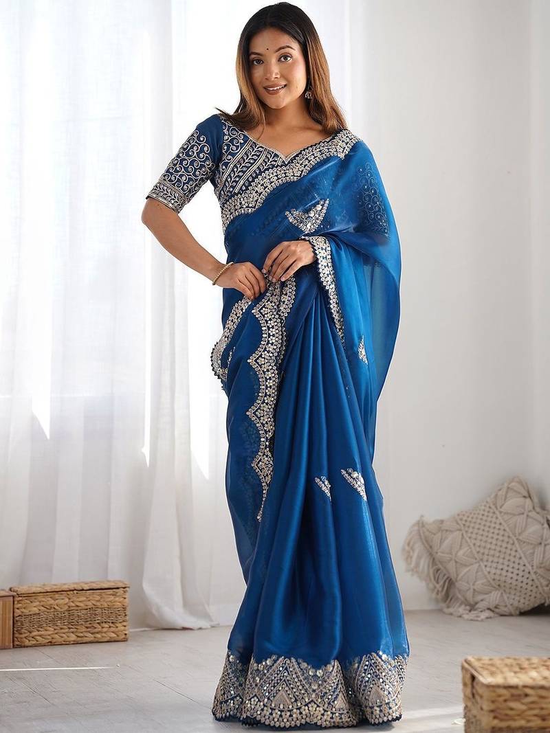 Blue ethnic motifs embroidered sequinned tissue saree with unstiched blouse piece