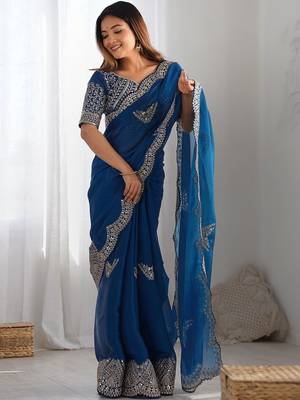 Blue ethnic motifs embroidered sequinned tissue saree with unstiched blouse piece 2