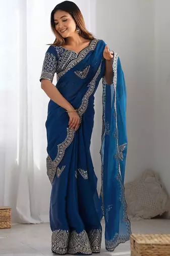 Blue ethnic motifs embroidered sequinned tissue saree with unstiched blouse piece